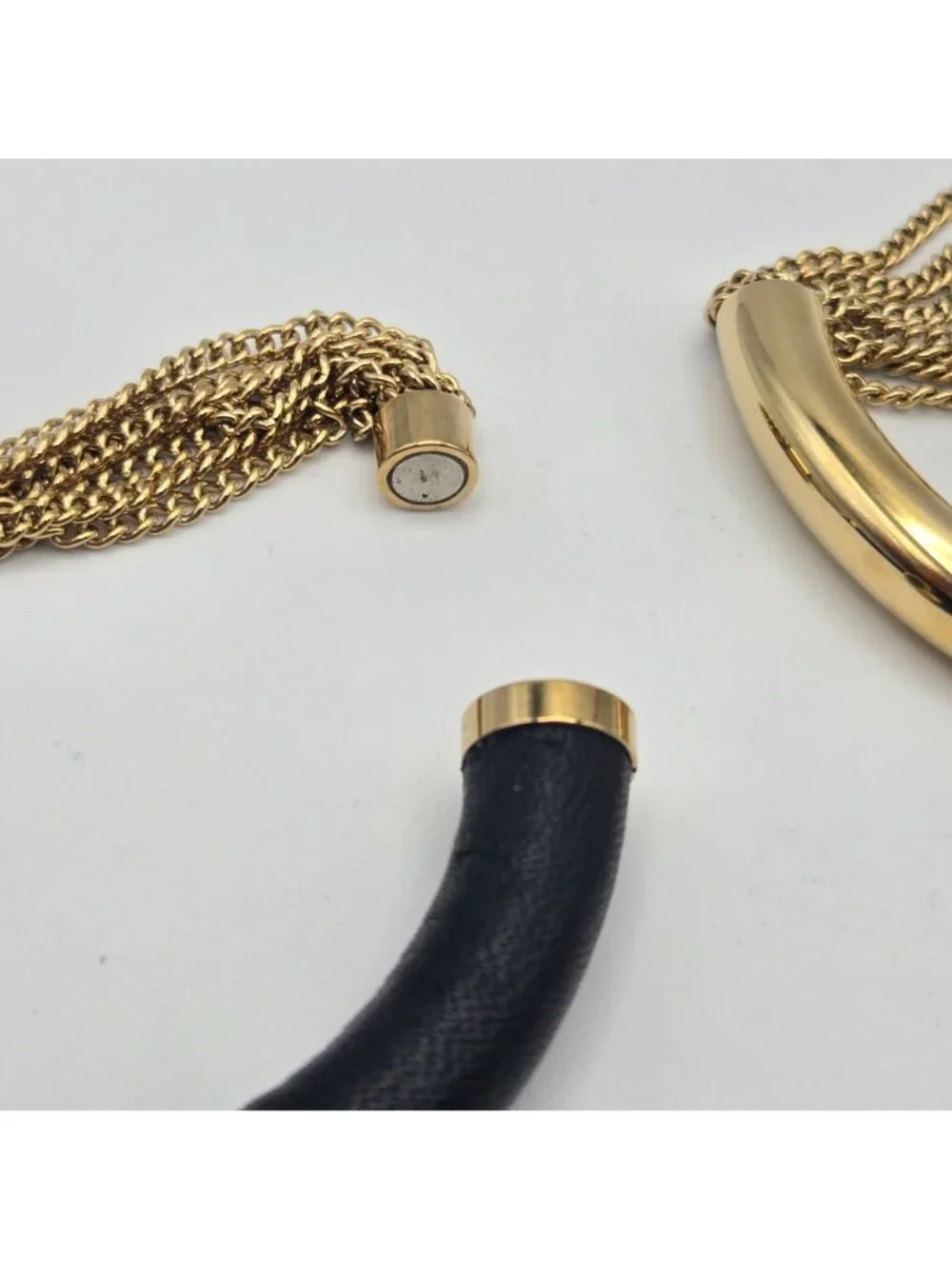 Michael Kors Gold Black Leather Chain Cuff Bracelets Set Of 2 Magnetic Closure